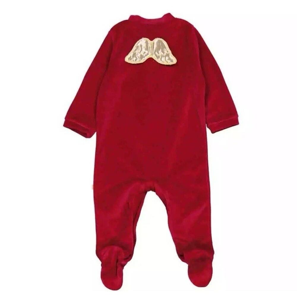 Red Marie Chantal Baby Burgundy Velour Angel Wing 1-Piece Sleepsuit, Size 18m